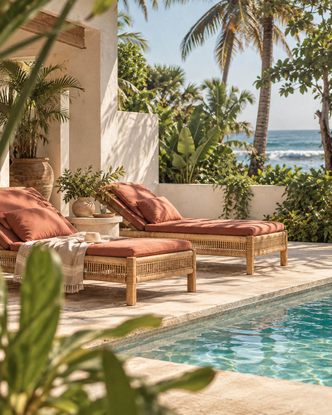 Tropical villa pool terrace with rattan loungers