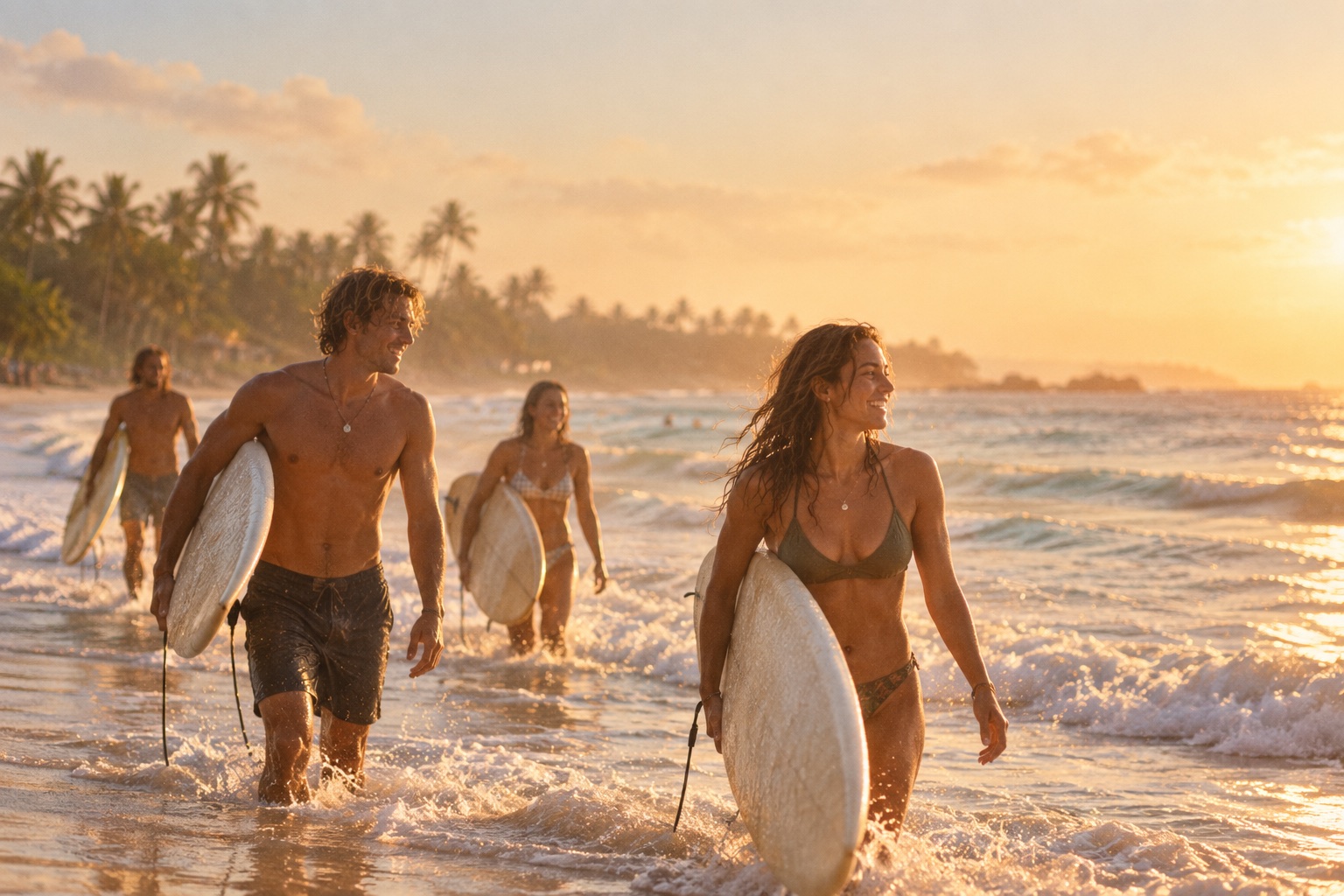 Surfers leaving the ocean at sunset on Sri Lanka's south coast
